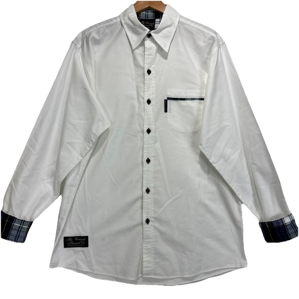 The Vermont Flannel Co Button Down Mens XL White Plaid Lined Cuffs‎ Long Sleeve